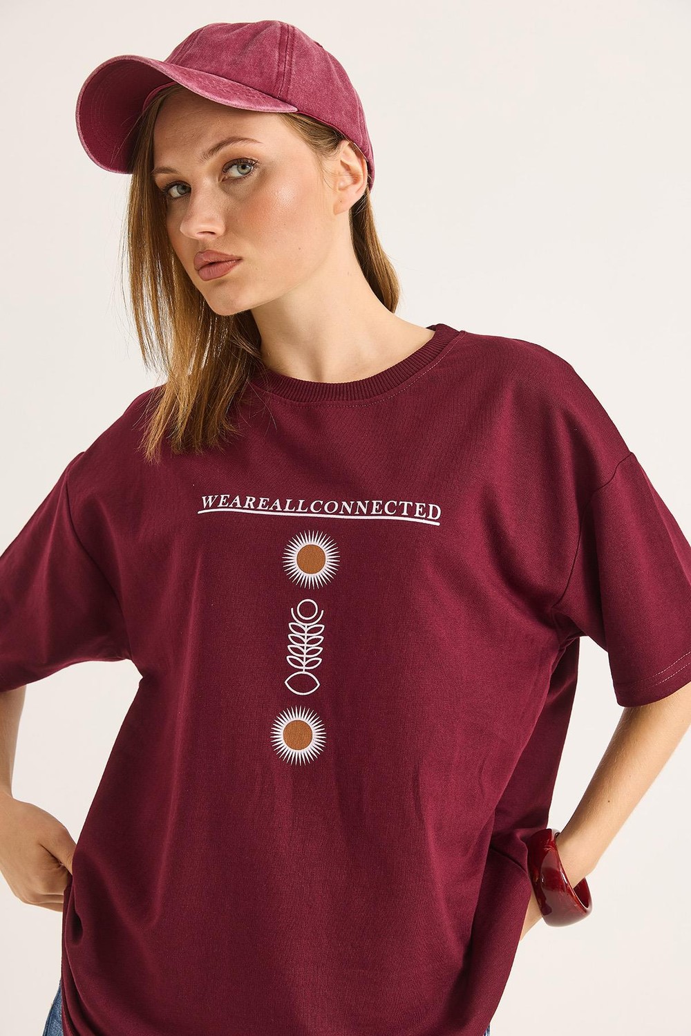 Bisiklet Yaka Kısa Kol Baskılı Tshirt Bordo