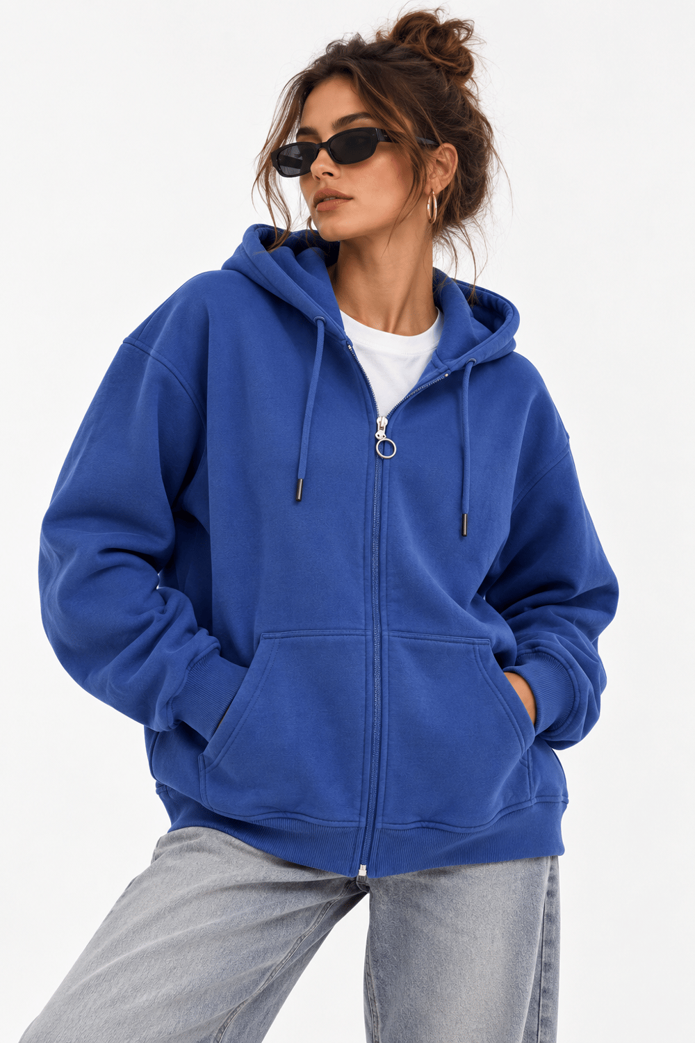 Kapüşonlu Fermuarlı Cepli Oversize Şardonlu Sweatshirt Lacivert