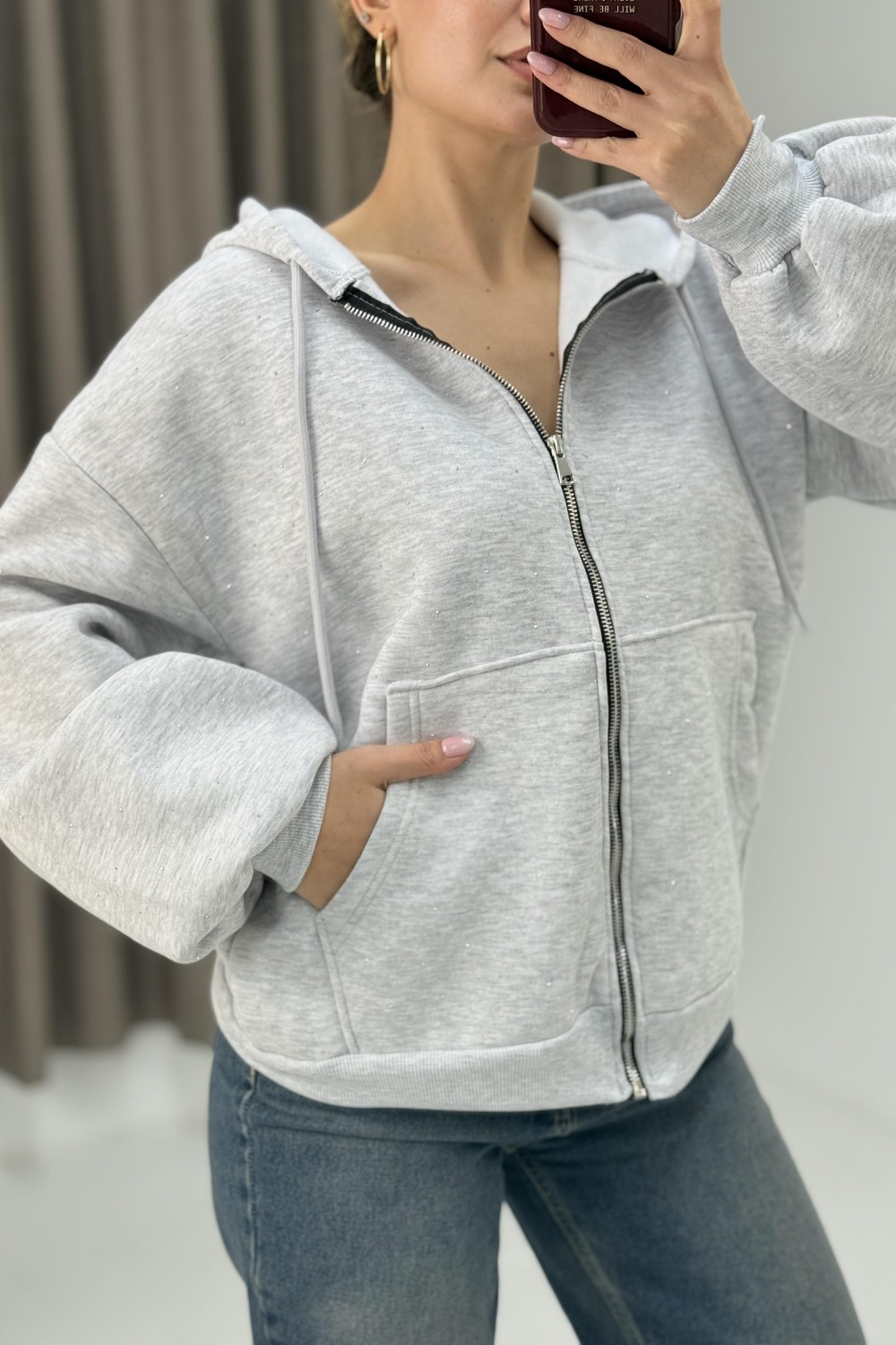 Kadın Oversize Kapüşonlu Cepli Sweatshirt Gri
