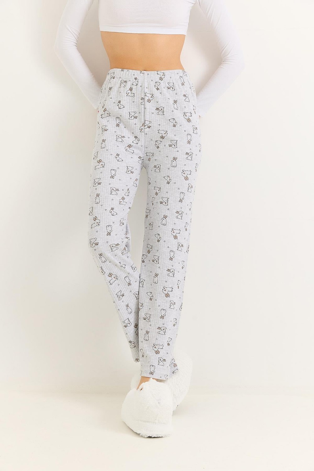 Kadın Renkli Tavşan Baskılı İnterlok Pamuk Pijama Altı Gri