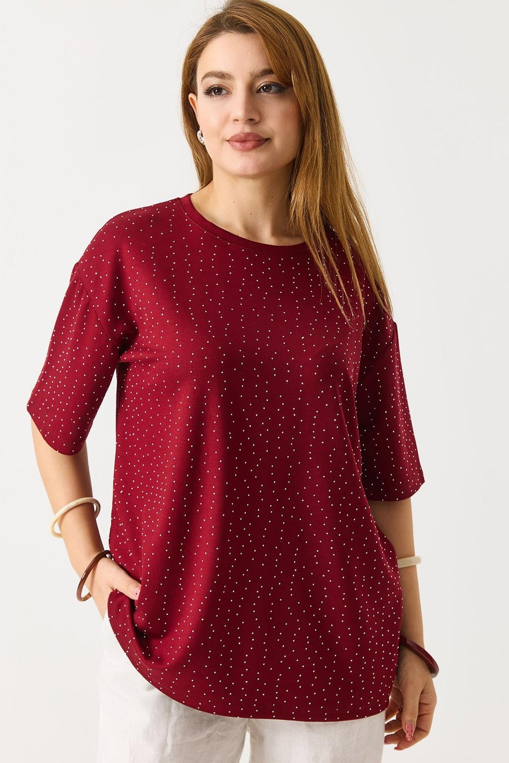 Kadın Taş Detaylı Bisiklet Yaka Oversize Tshirt Bordo