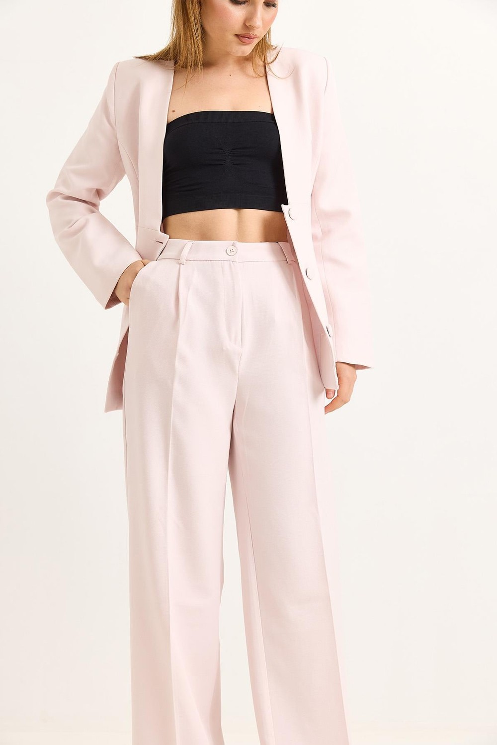 Astarlı Dokuma Blazer Ceketli Pembe Takım