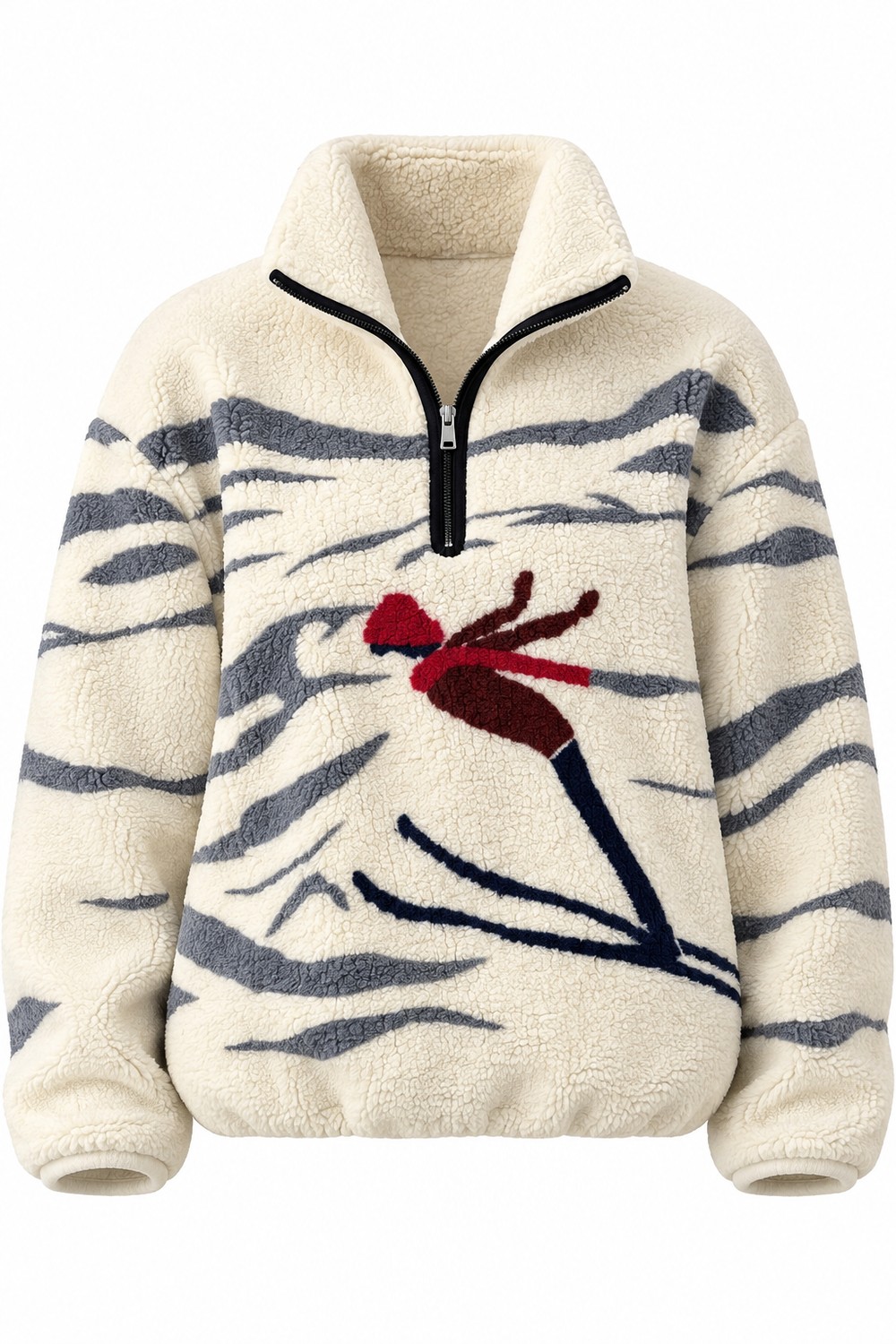 Kadın Desenli Dik Yaka Yarım Fermuarlı Polar Swearshirt Gri