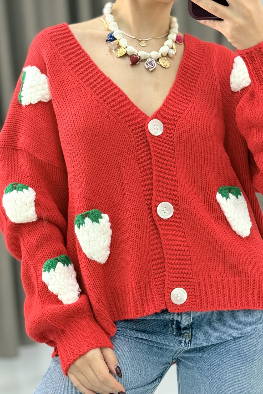 Çilek Motifli Oversize Triko Hırka Kırmızı