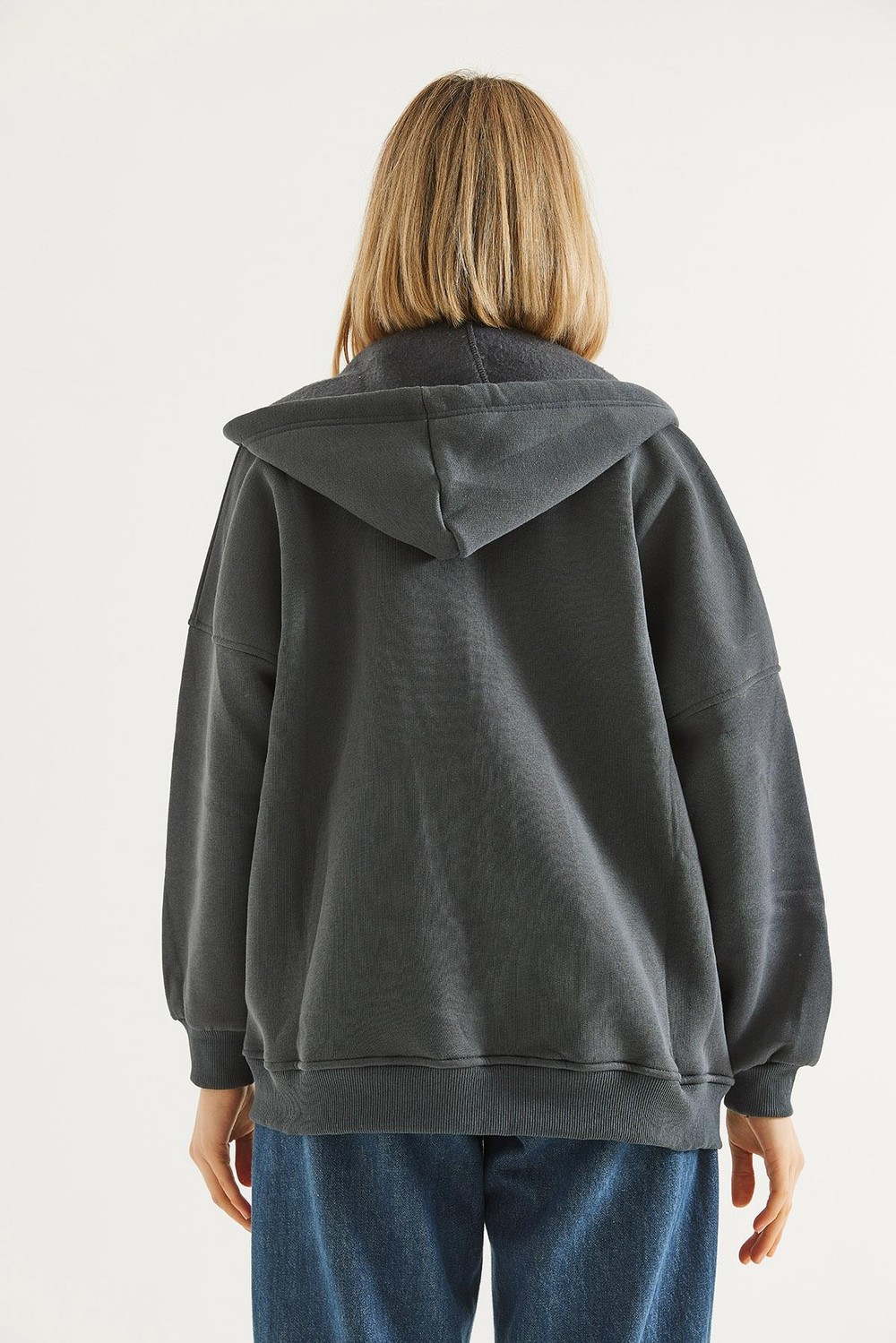Kapüşonlu Fermuarlı Cepli Oversize Şardonlu Sweatshirt Antrasit