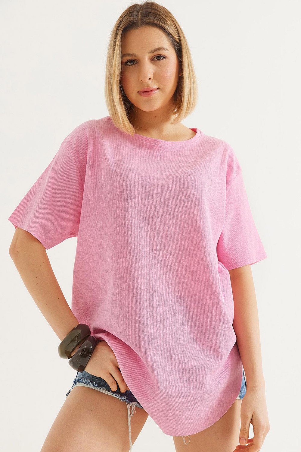Bisiklet Yaka  Kısa Kol Basic Tshirt Pembe