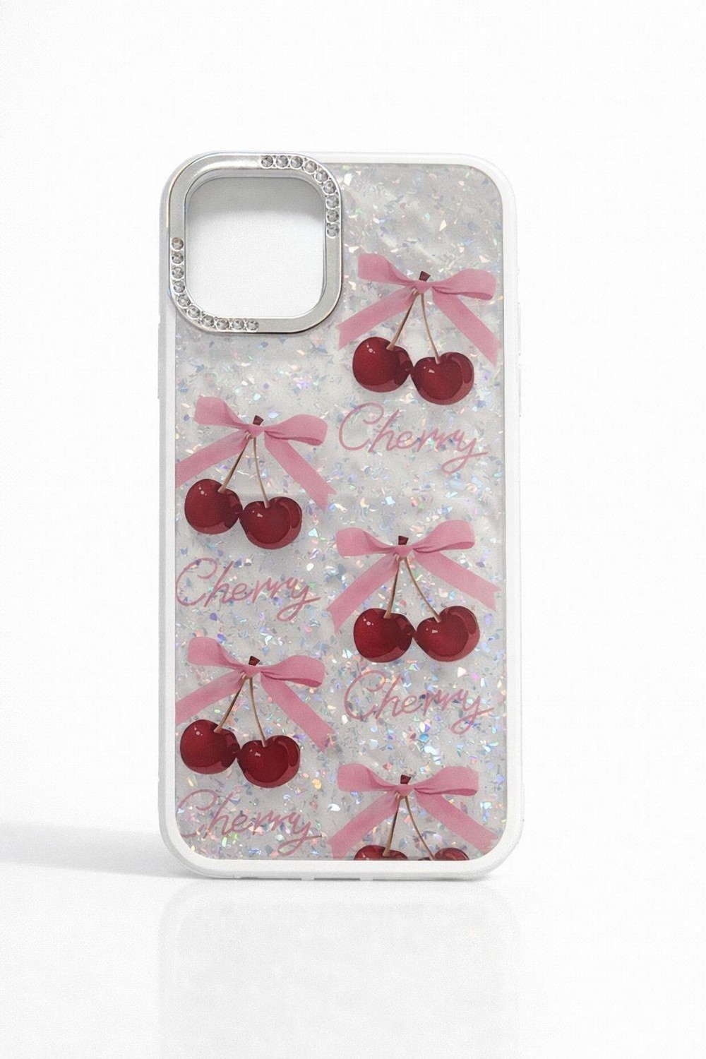 iPhone 14 Pro Max Uyumlu Kiraz ve Fiyonk Desenli Glitterlı Şeffaf Kılıf