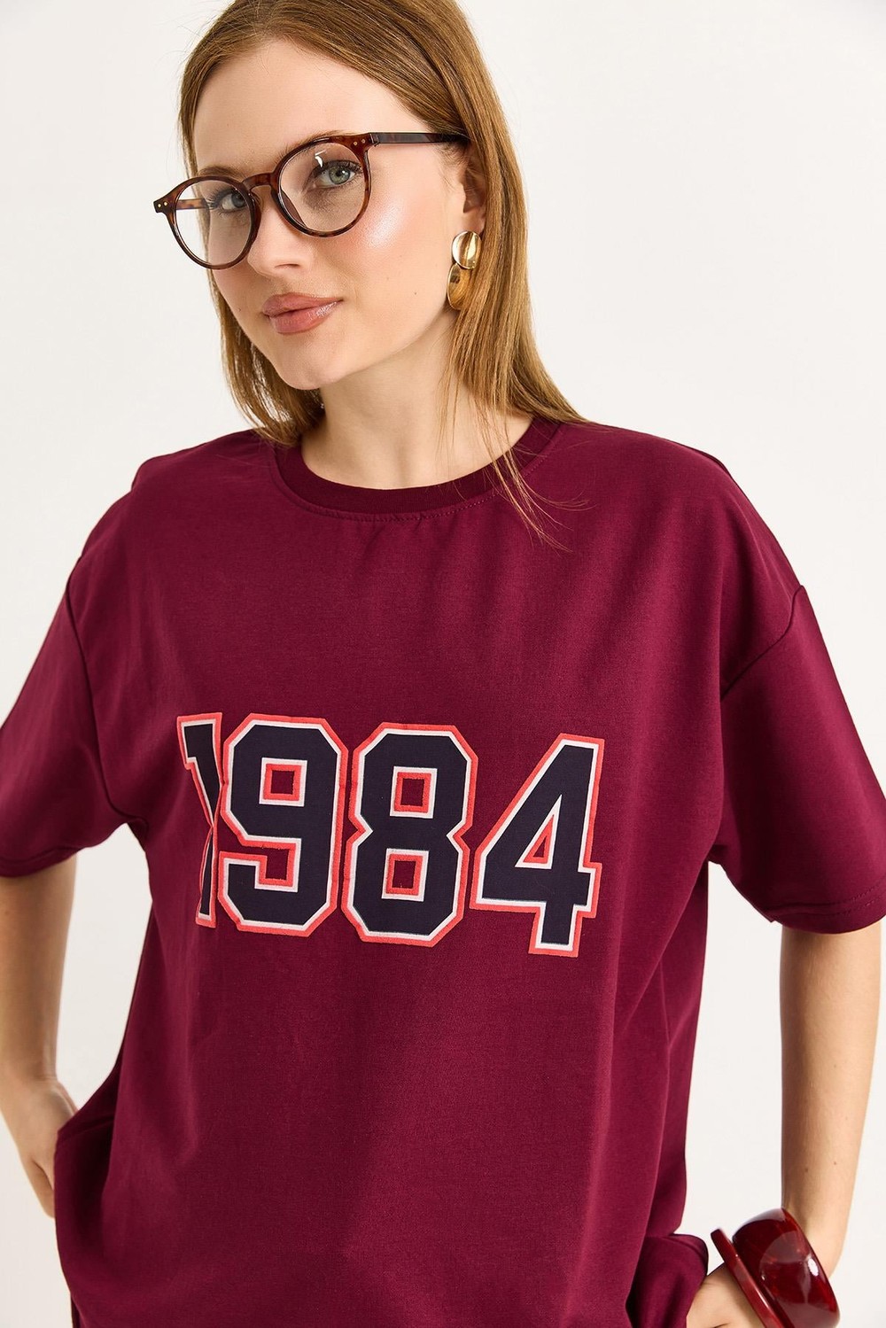 1984 Baskılı Oversize Tshirt Bordo