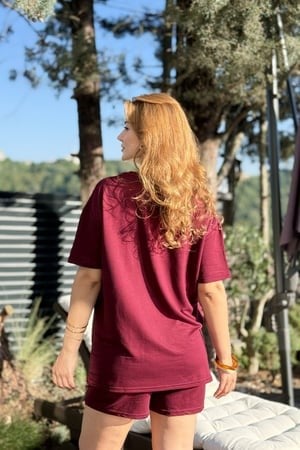 Kadın  Şortlu Çımalı  Kısa Kollu Takım Bordo
