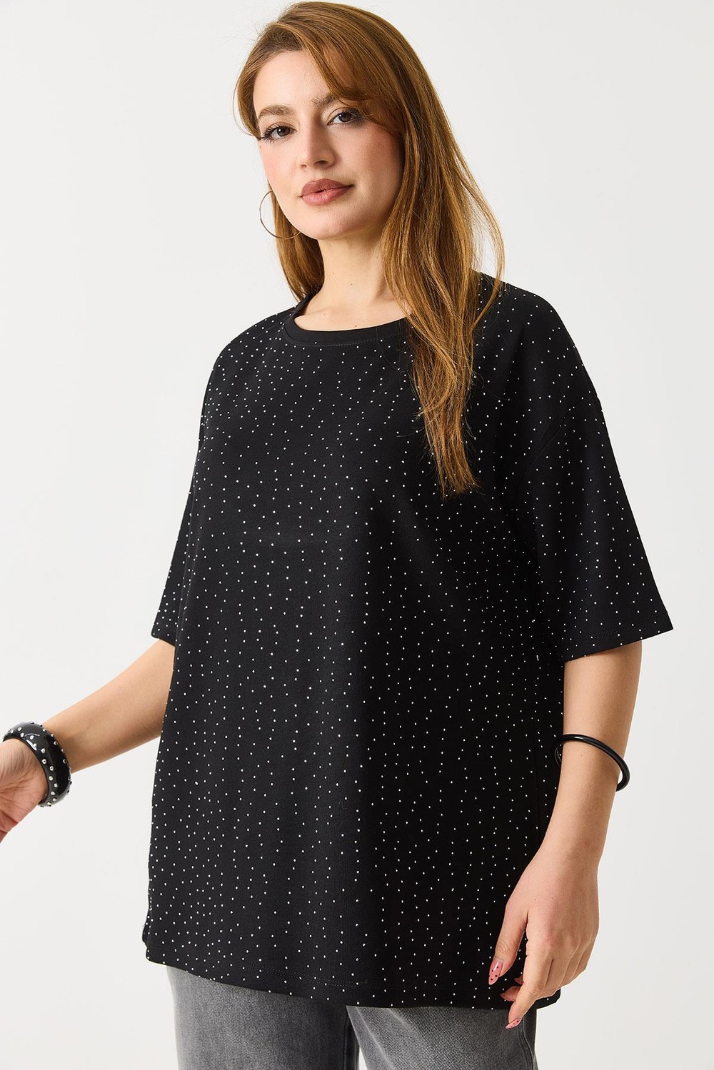 Kadın Taş Detaylı Bsiklet Yaka Oversize Tshirt Siyah