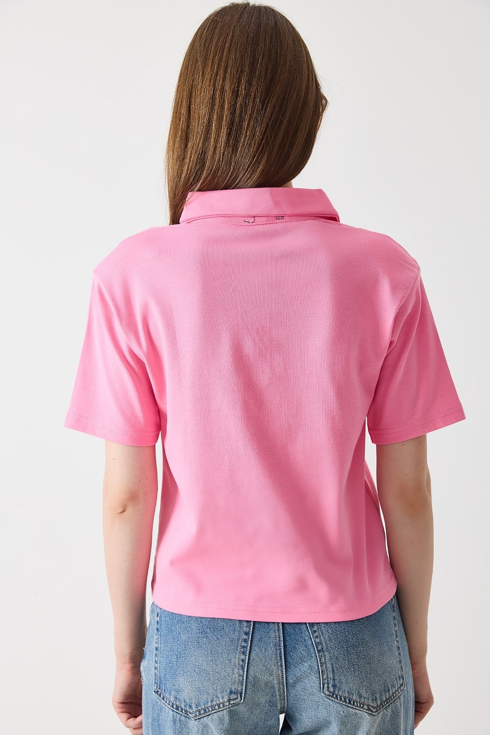Kadın Vatkalı Polo Yaka Tshirt Koyu Pembe