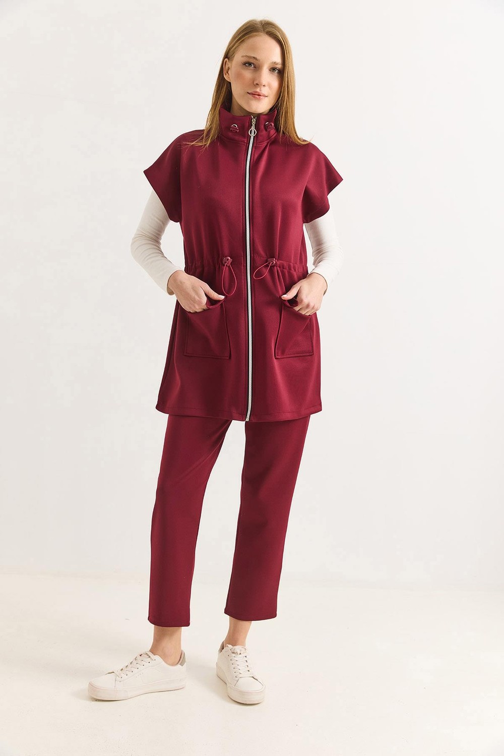 Kadın Beli Lastik Detaylı Scuba Pantalon Yelek Takım Yağ Bordo