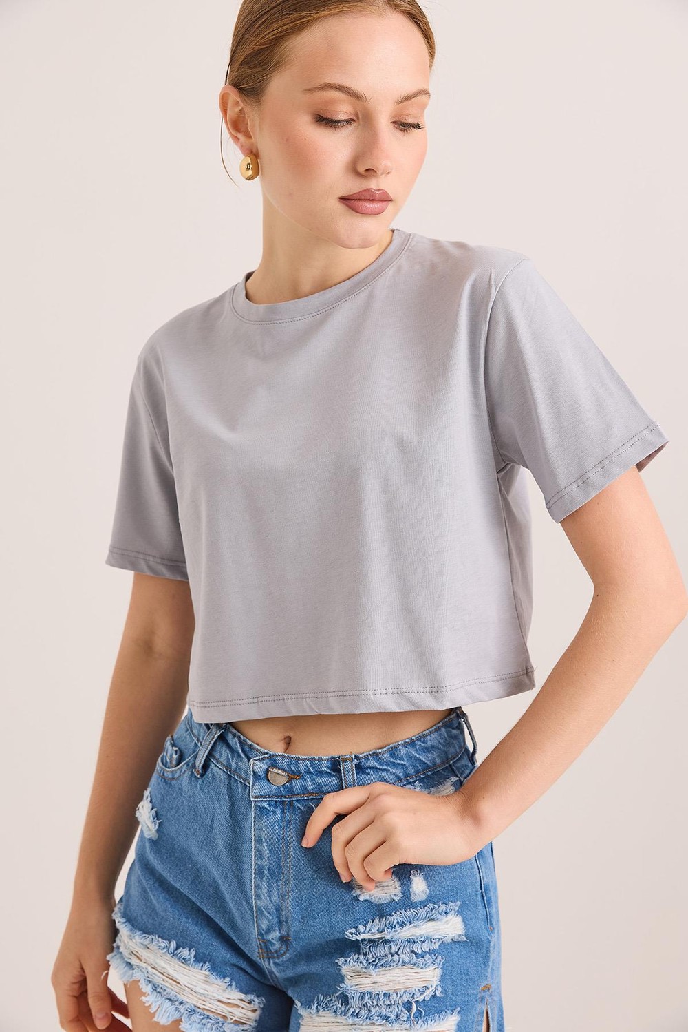 Rahat Kalıp Pamuk Örme Crop Tshirt Gri