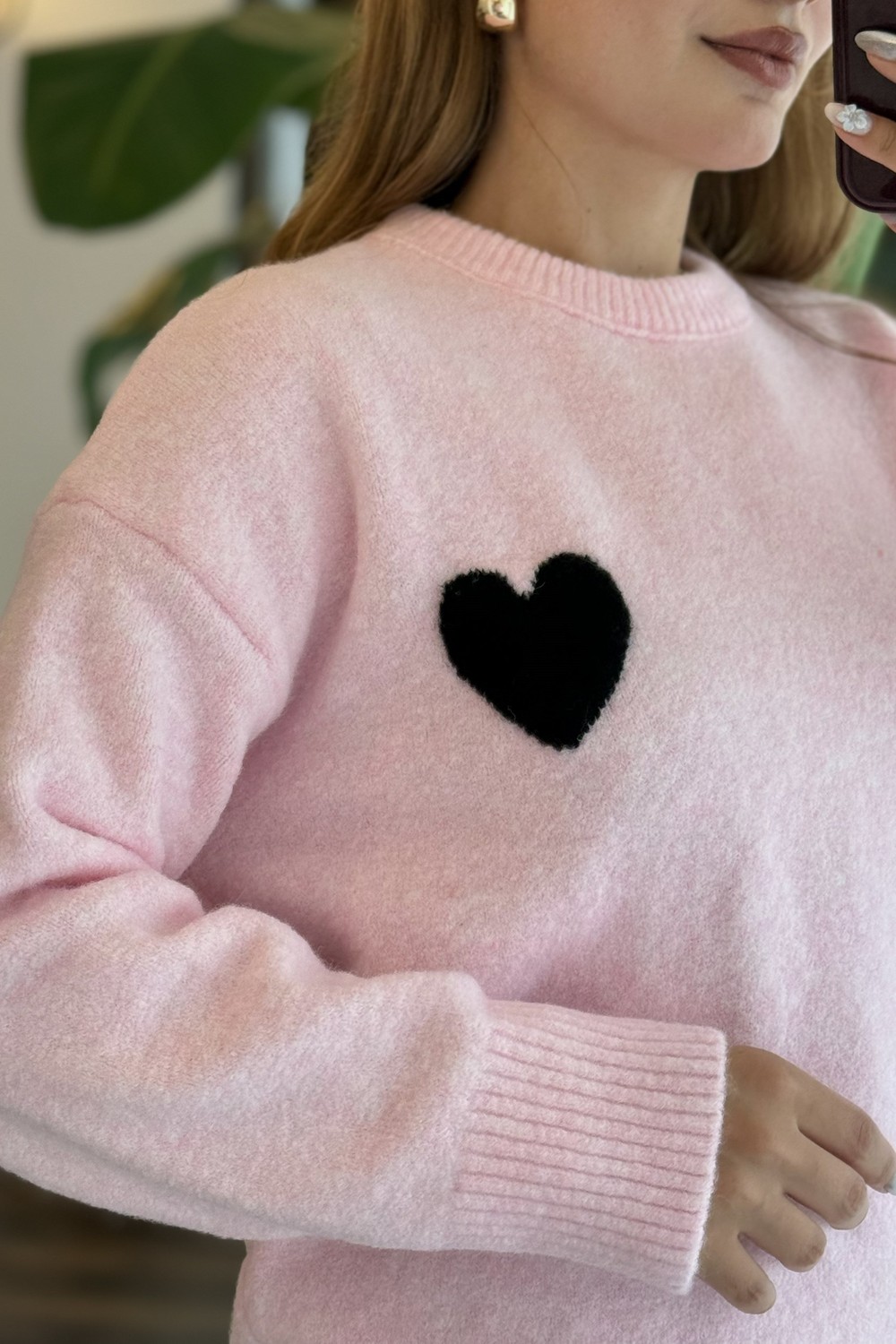 Kadın Yumuşak Dokulu Yün Karışımlı Kalp Motif Kazak Pembe
