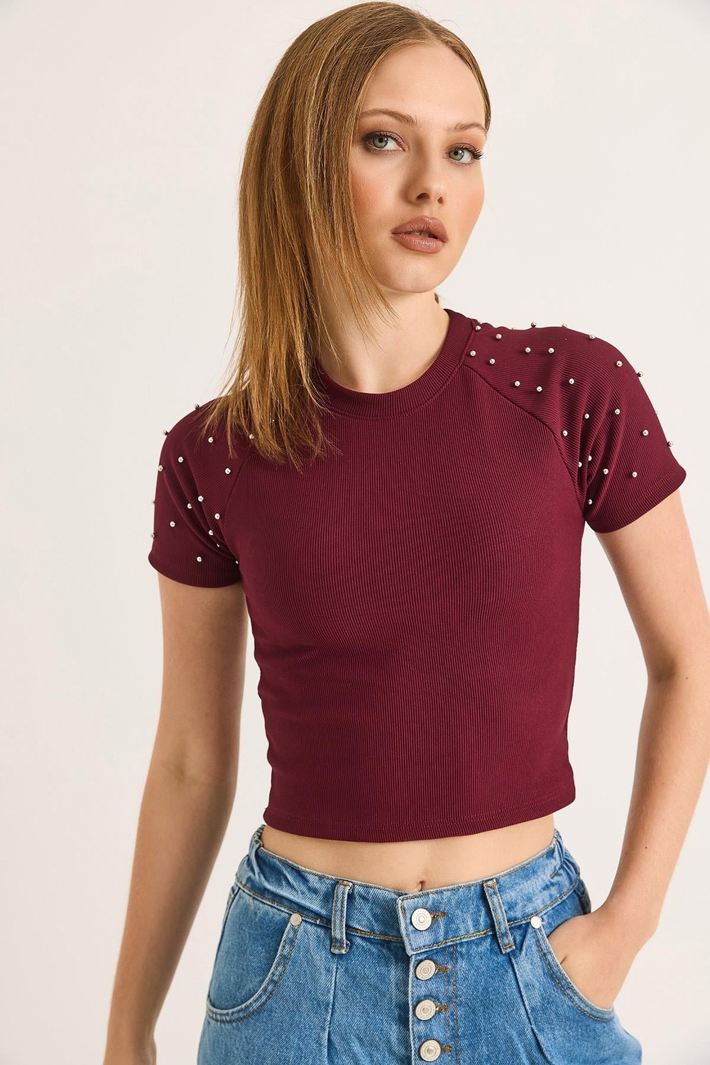 Regular Taş Detaylı Ottoman Crop Bluz Bordo