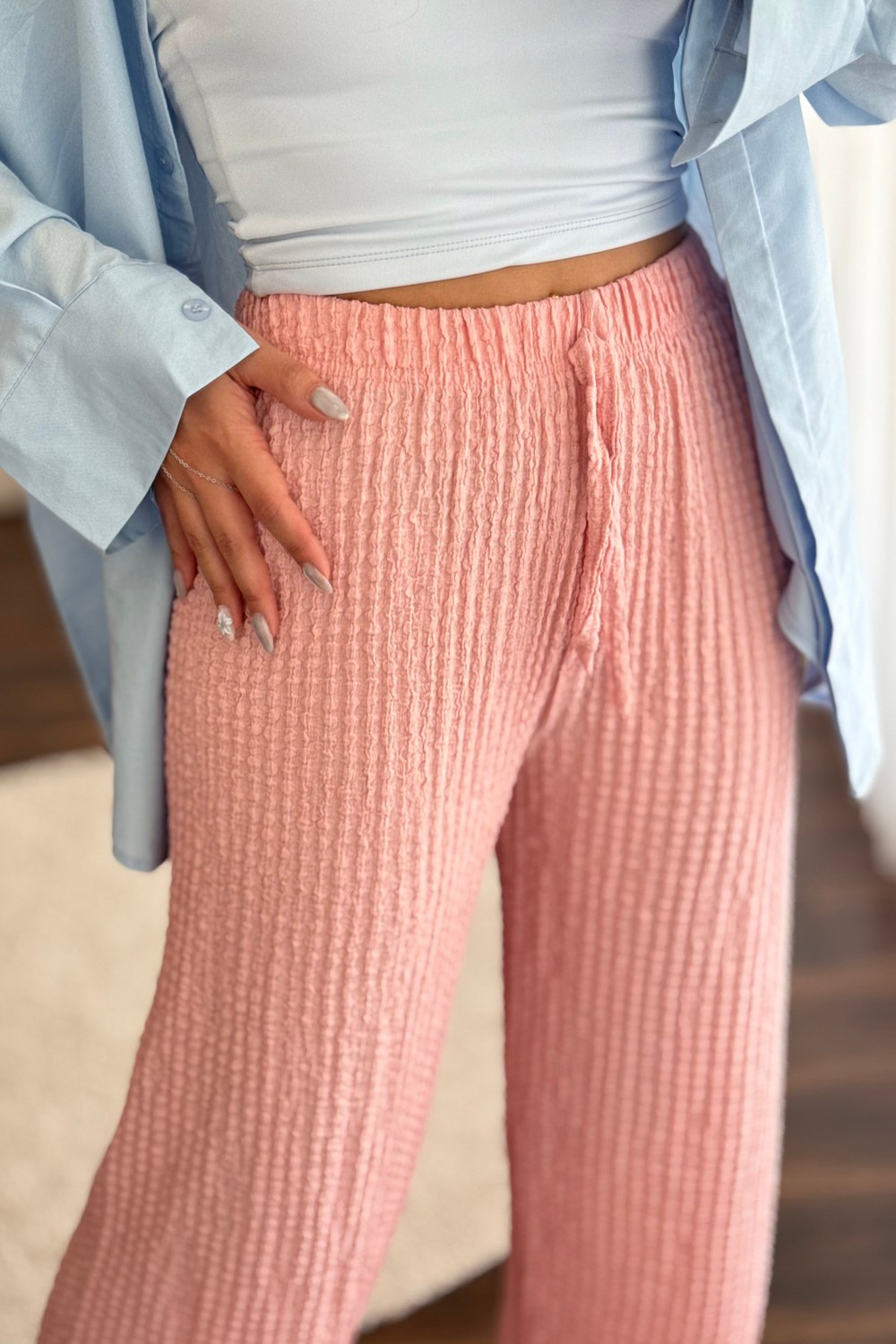 Kadın Bürümcük Beli Lastikli Rahat Pantolon Pembe