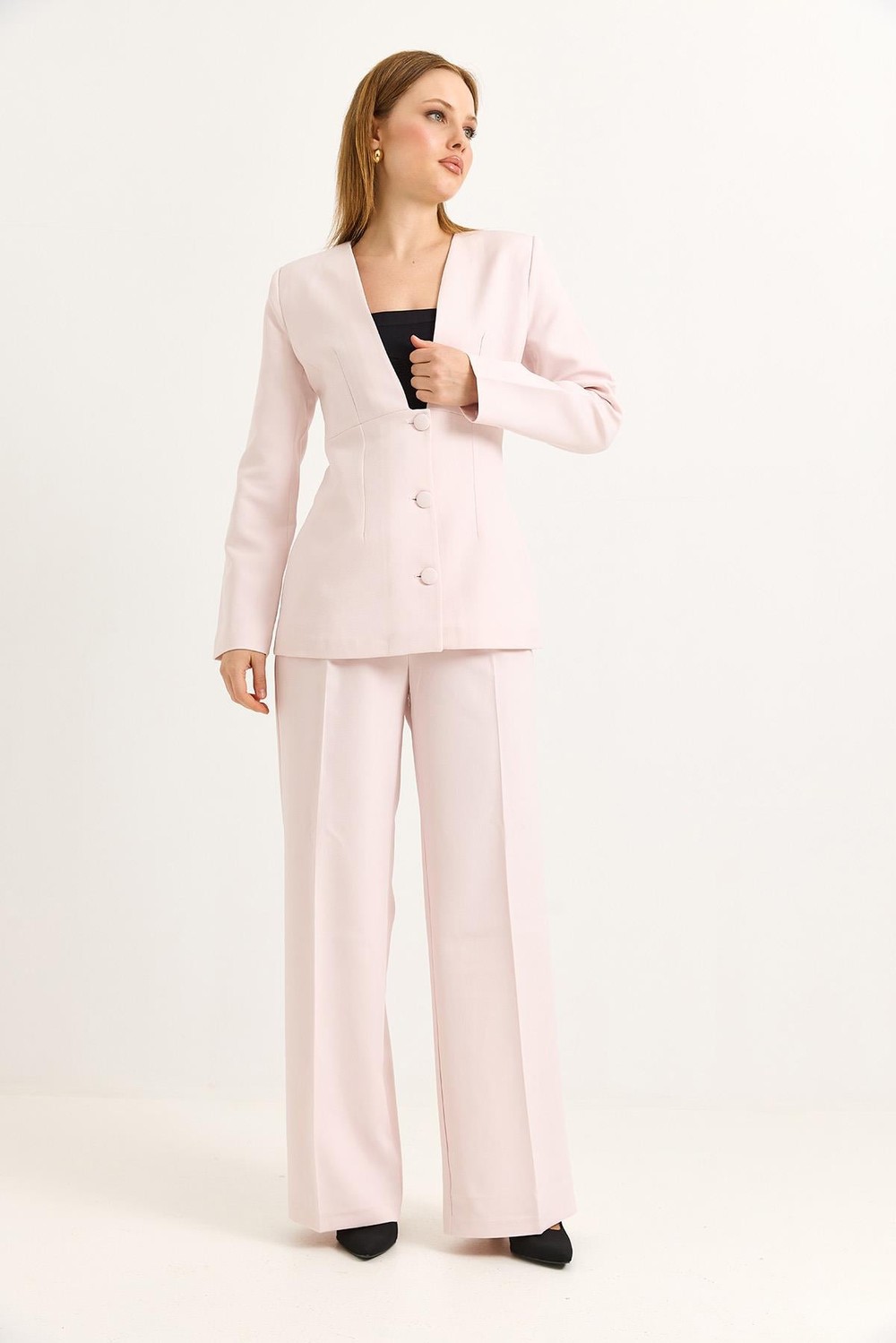 Astarlı Dokuma Blazer Ceketli Pembe Takım