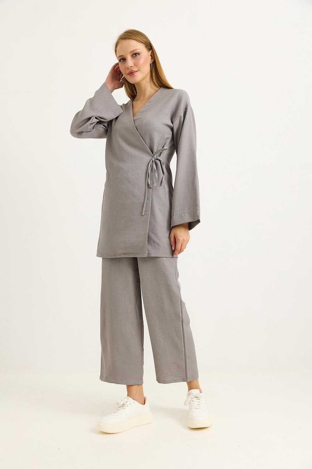 Yandan Bağlamalı Kimono Pantolon İkili Takım Gri