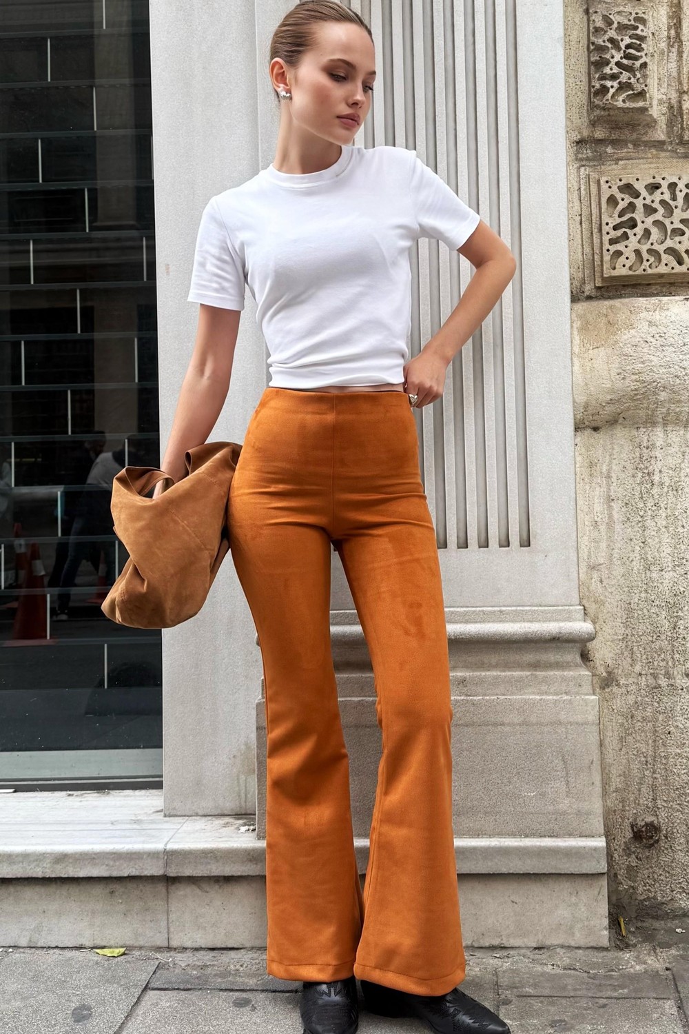 Kadın Süet İspanyol Paça Şık Pantalon Taba