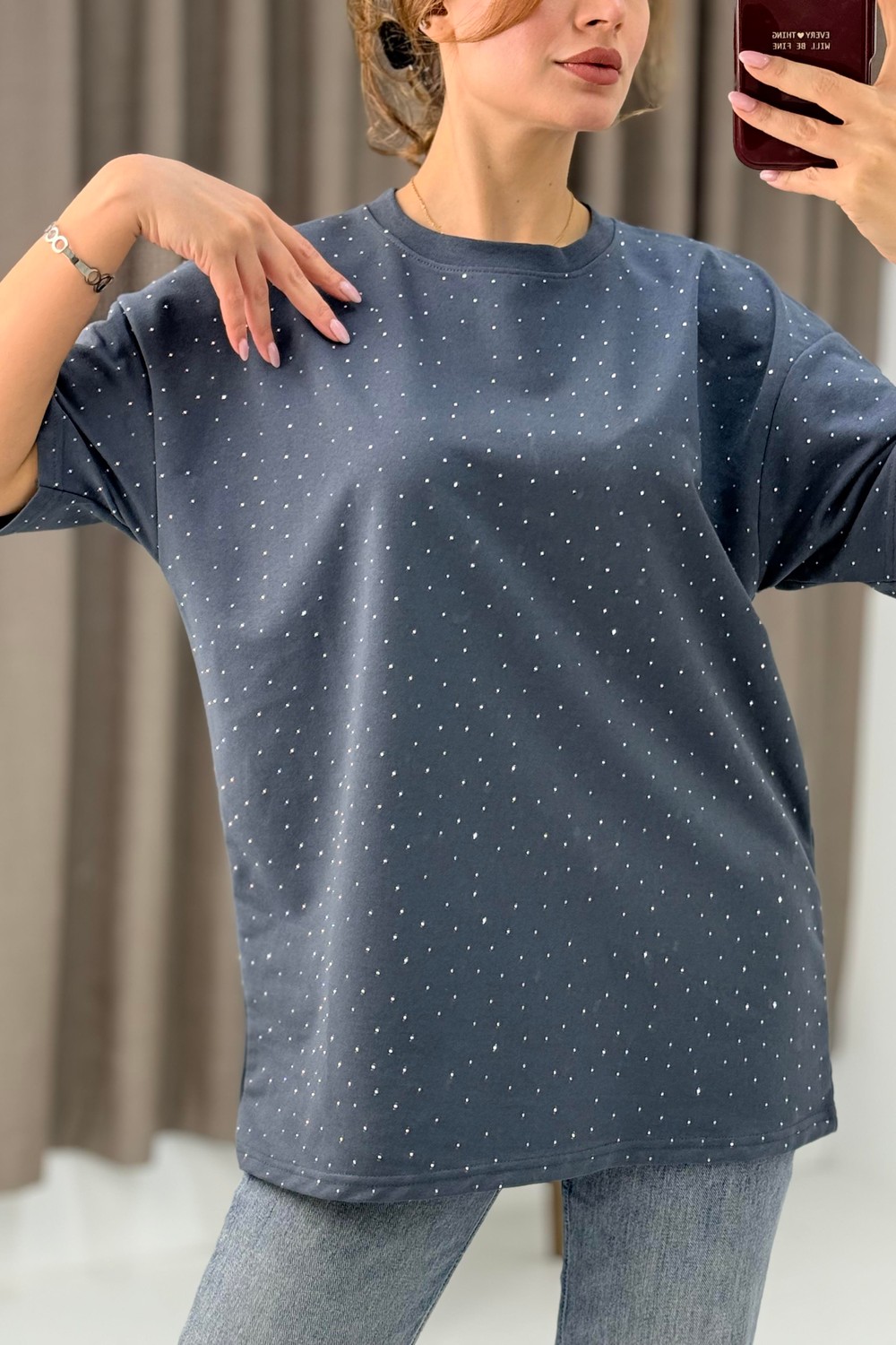 Bisiklet Yaka Taşlı Yarım Kol T-shirt Antrasit