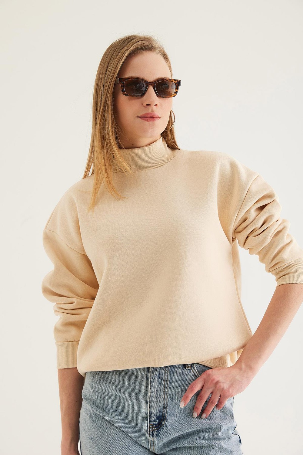 Balıkçı Yaka Şardonlu 3 ip Örme Sweatshirt Bej