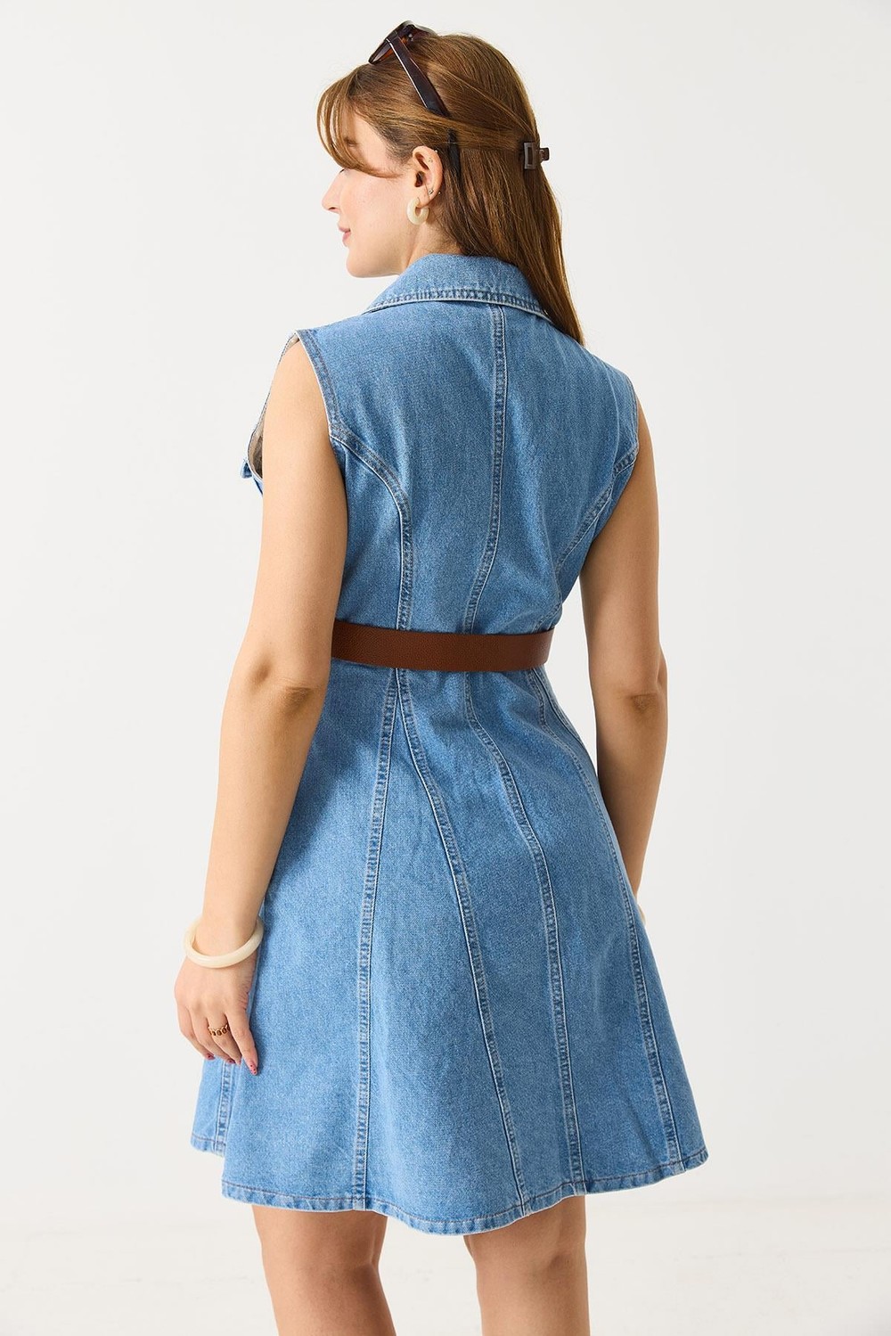 Kemerli Önden Düğmeli Kolsuz Denim Elbise Mavi