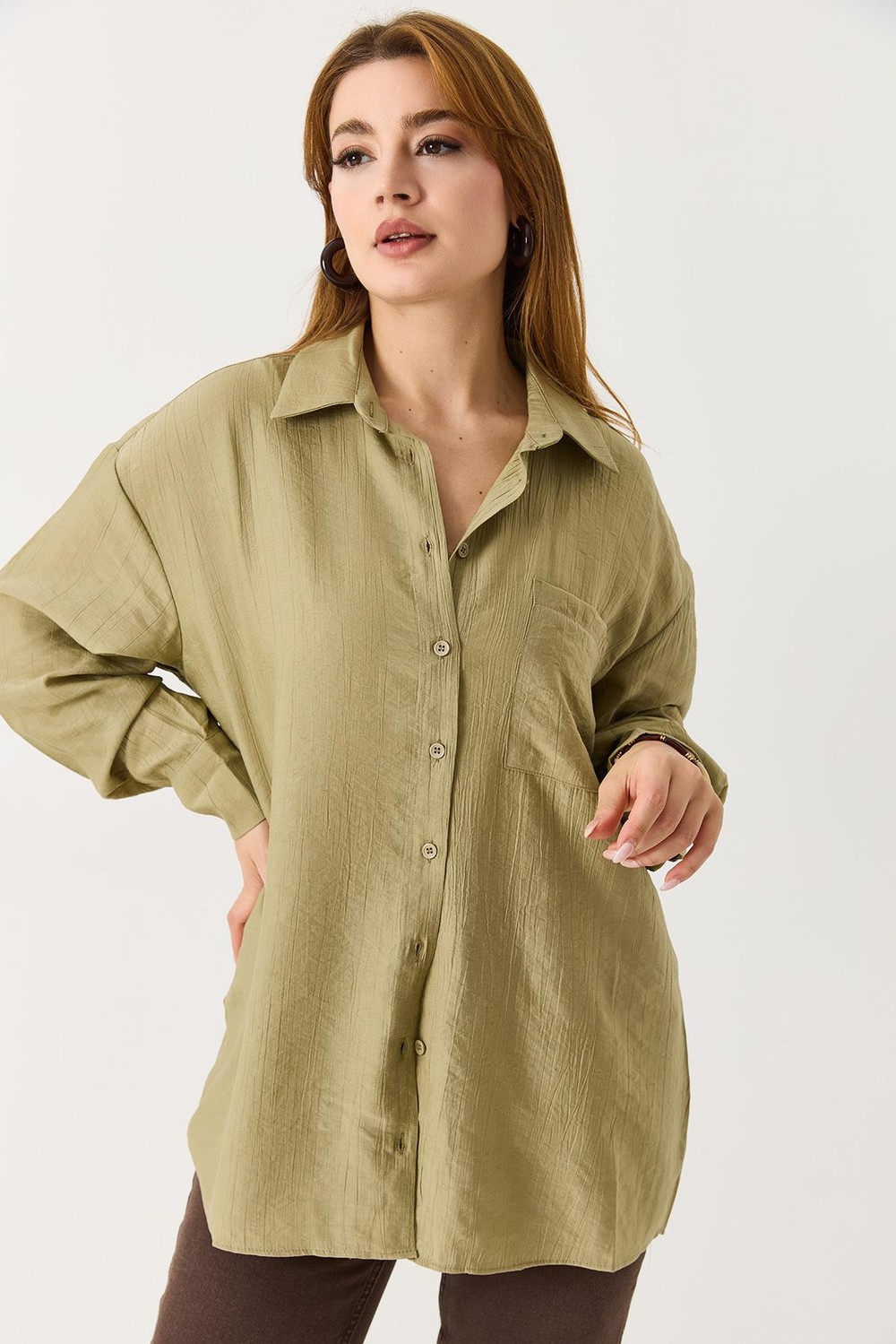 Kadın Oversize Müslin Kumaş Basic Gömlek Açık Haki