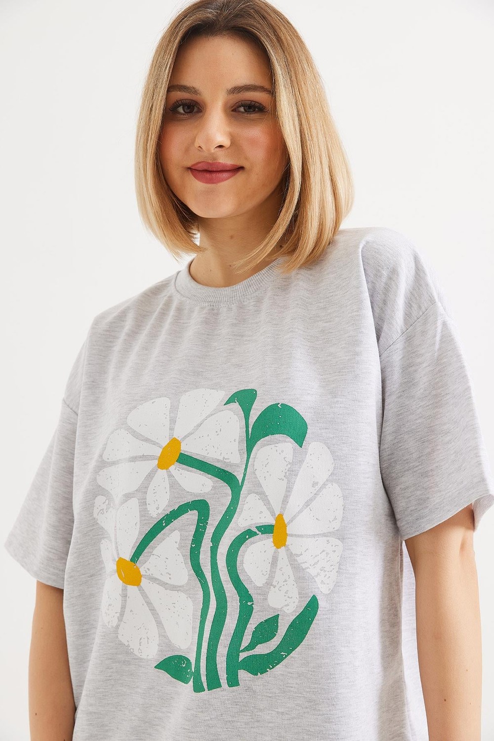 Baskılı Bisiklet Yaka Tshirt Açık Gri