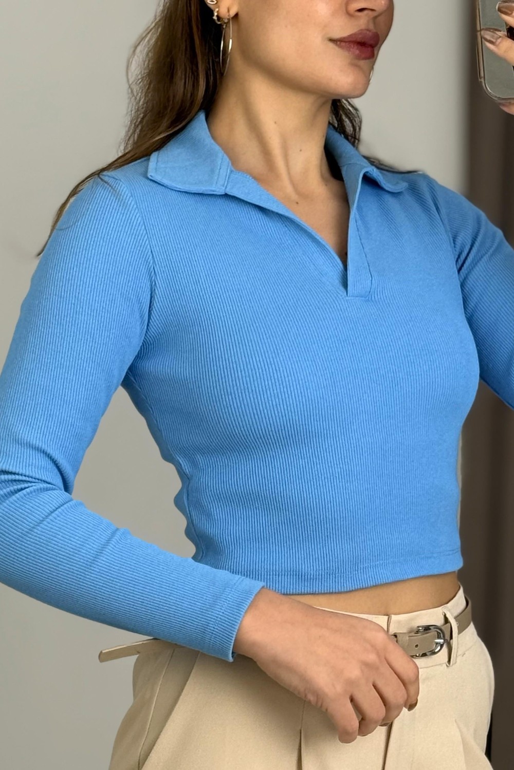 Kadın Polo Yaka Fitilli Crop Bluz Mavi