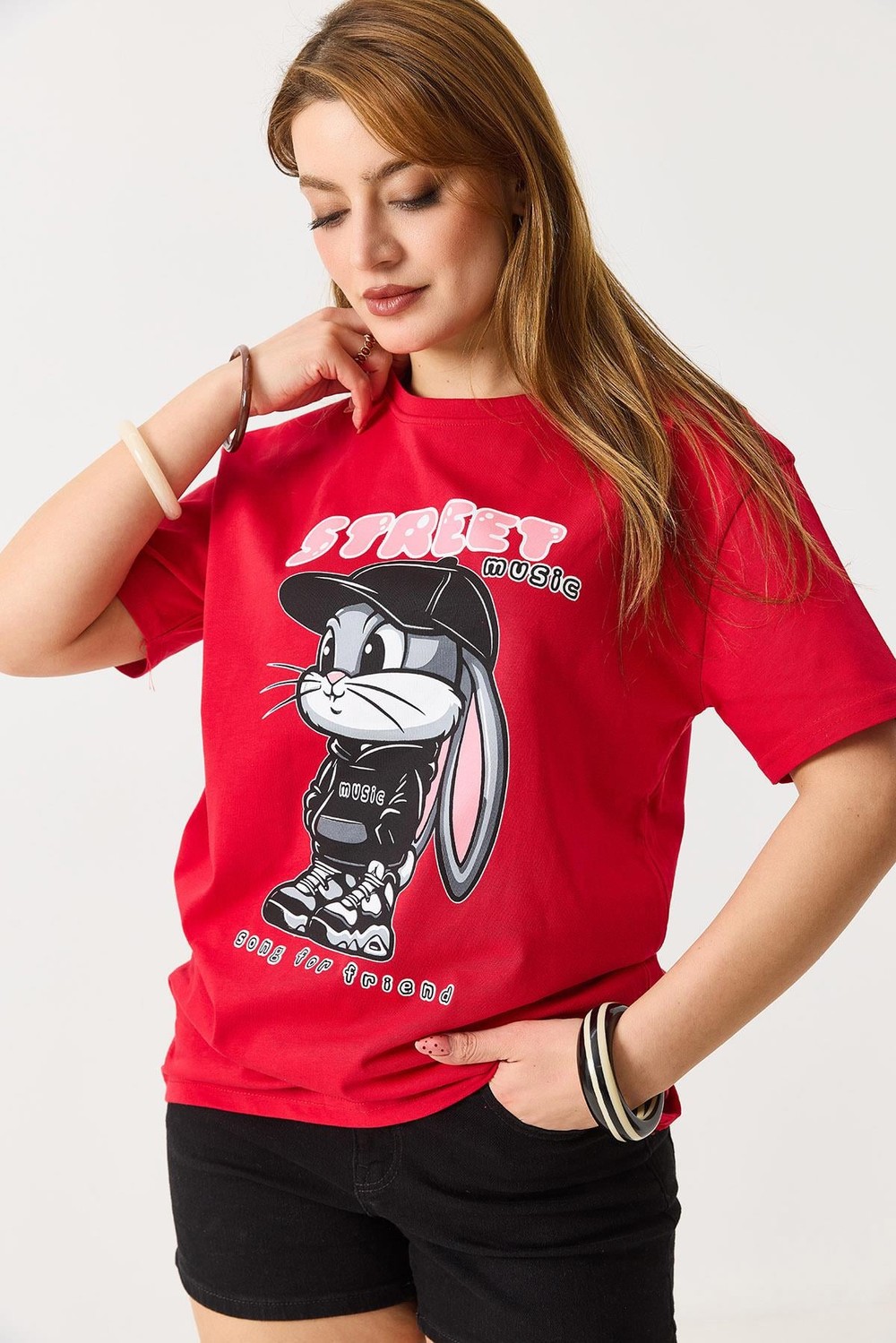 Kadın Baskılı Bisiklet Yaka Kısa Kol Tshirt Kırmızı