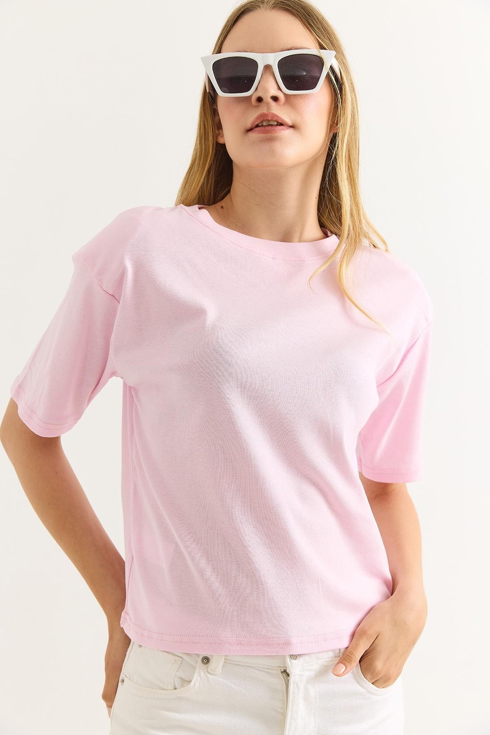 Vatkalı Bisiklet Yaka Basic Tshirt Açık Pembe