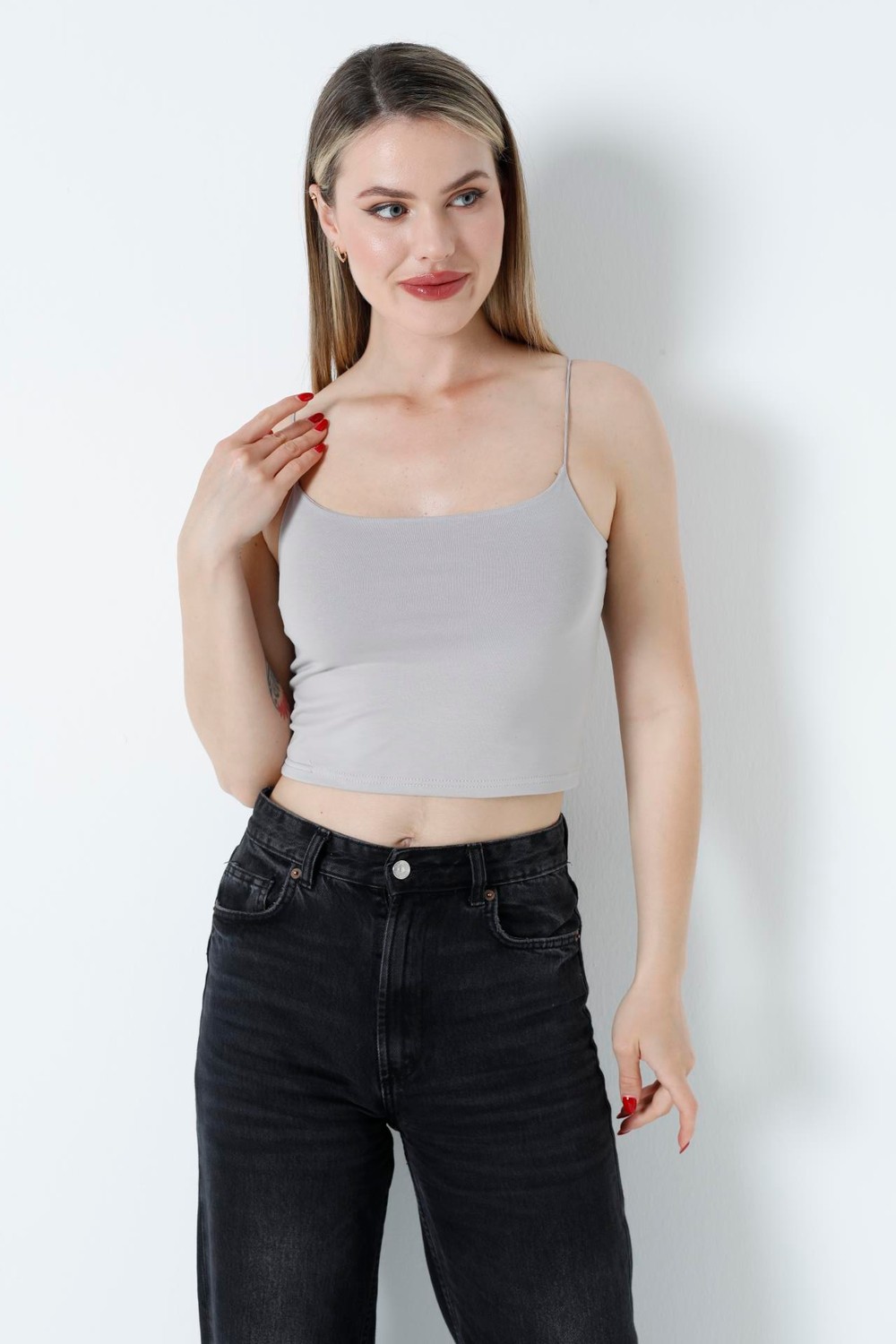İp Askılı Crop Bluz Gri