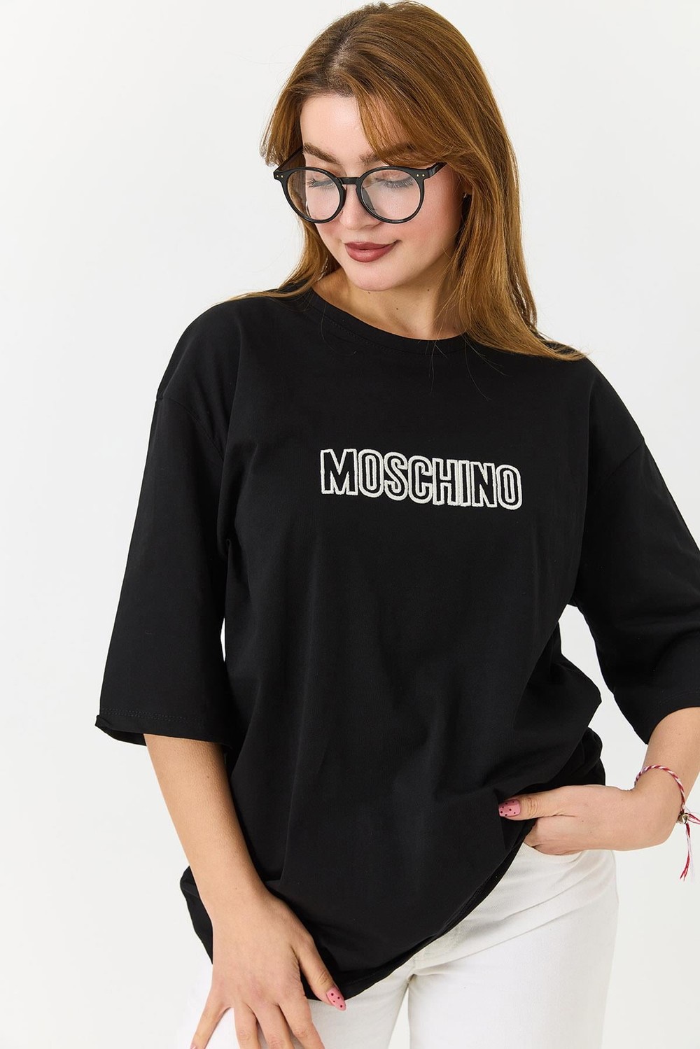 Kadın  Yazı Baskılı Bisiklet Yaka Tshirt Siyah