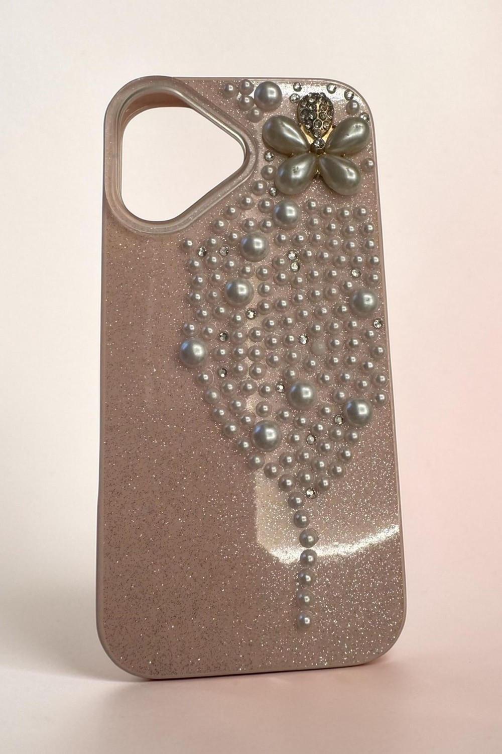 İphone 17 Uyumlu İnci ve Glitter Detaylı Kılıf Pembe