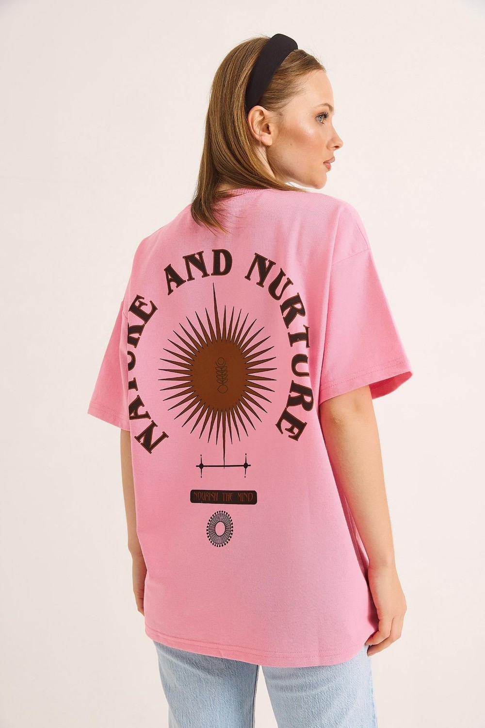 Bisiklet Yaka Kısa Kol Baskılı Tshirt Pembe