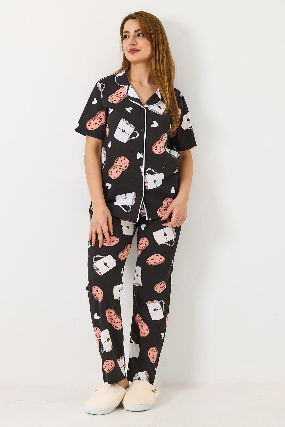 Kadın Kısa Kollu Düğmeli Pijama Takımı Siyah