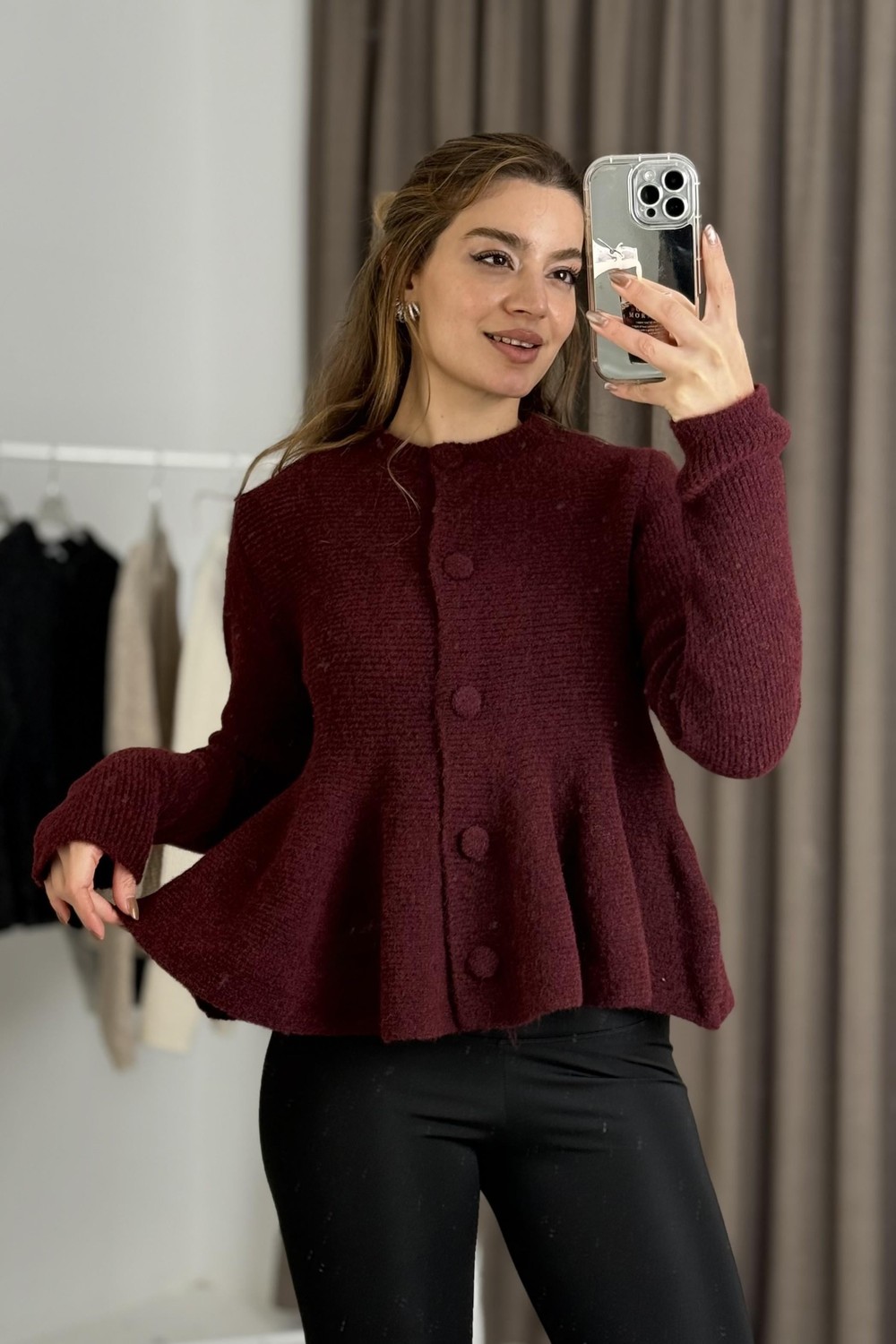 Kadın Volanlı Yumoş Triko Hırka Bordo