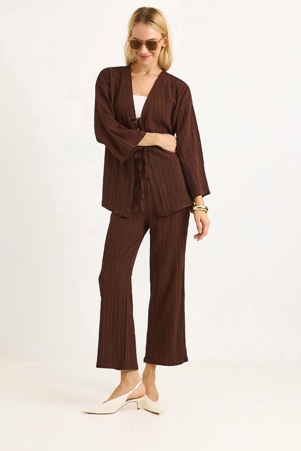 Kimonolu Pantalon Krınkıl Takım Kahverengi