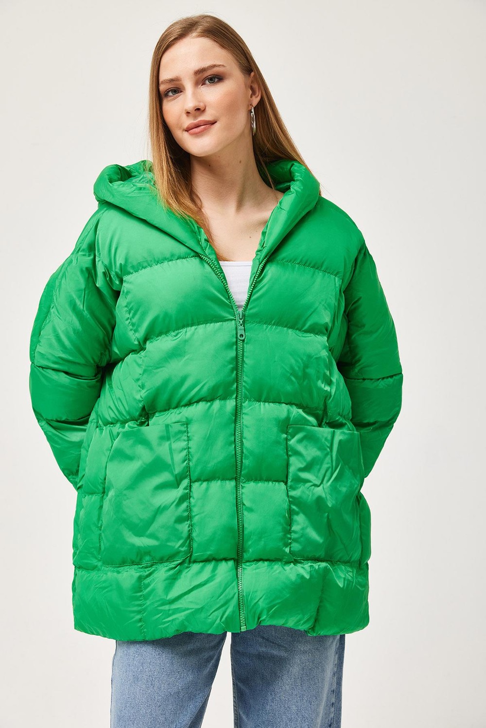 Kapüşonlu Oversize Şişme Mont Yeşil