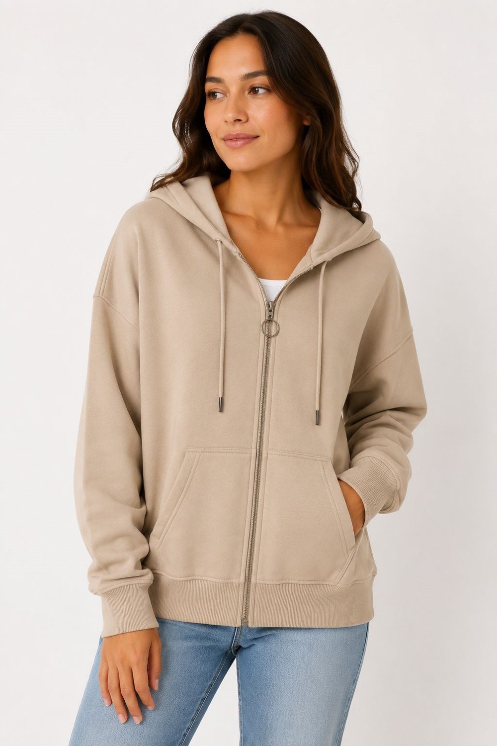 Kadın Kapüşonlu Fermuar Detaylı Cepli Sweatshirt Vizon