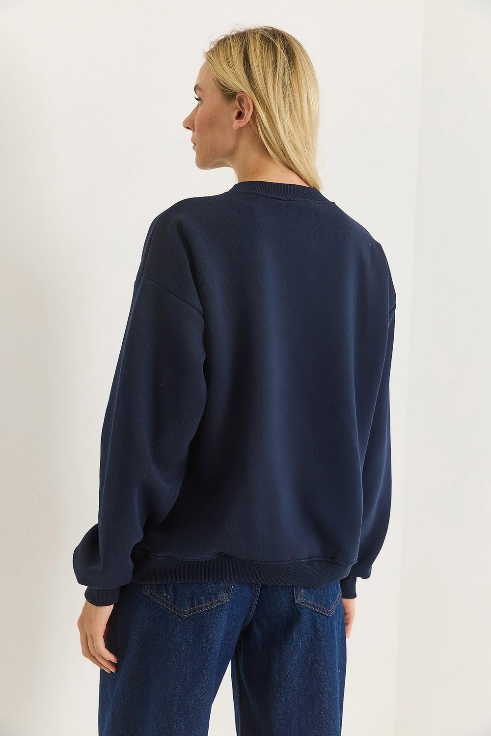 Kadın Üç İplik Leopar Baskılı Sweatshirt Lacivert