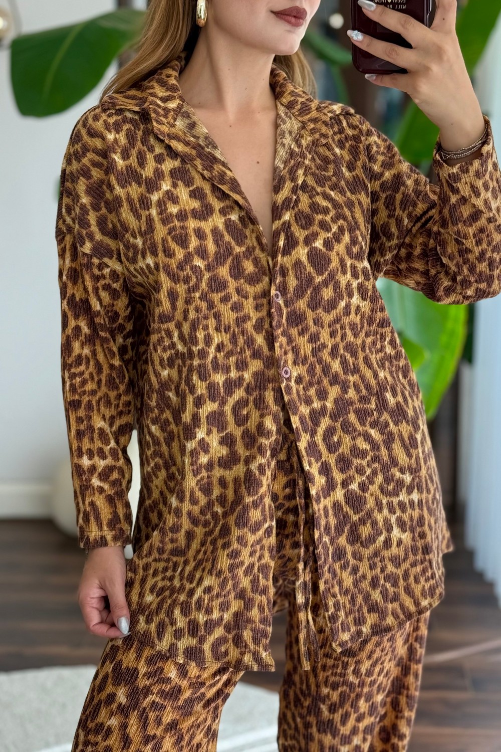 Kadın Bürümcük Gömlek Pantolon Beli Lastikli Takım Leopar
