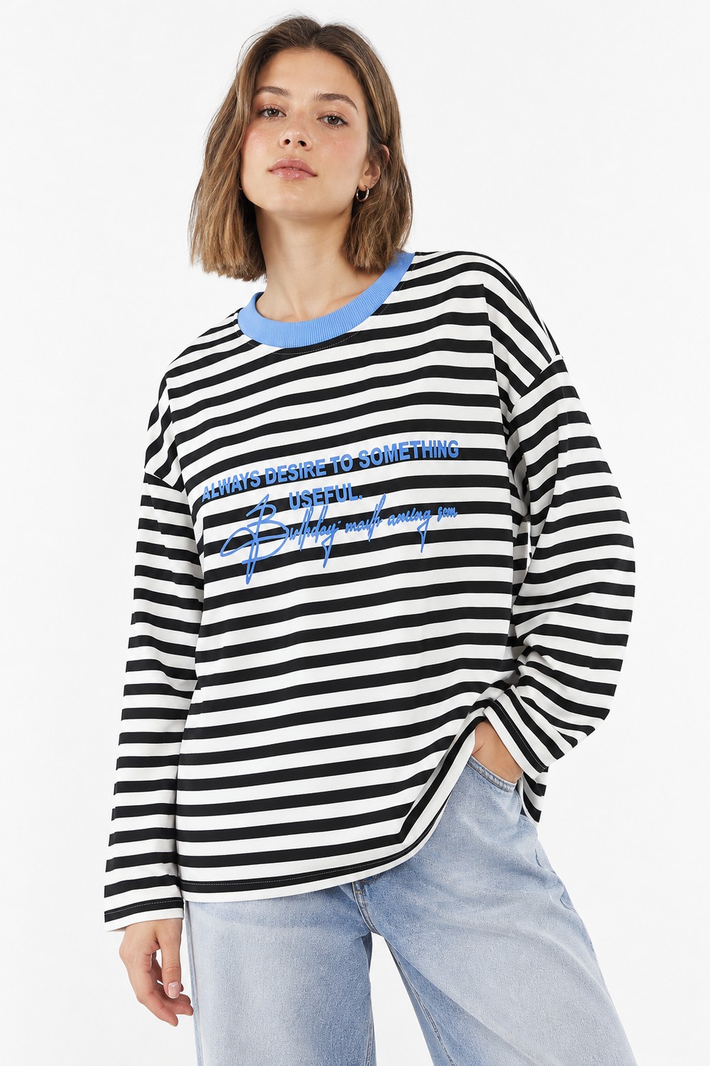 Kadın Bisiklet Yaka Baskılı Çizgili Sweatshirt Mavi