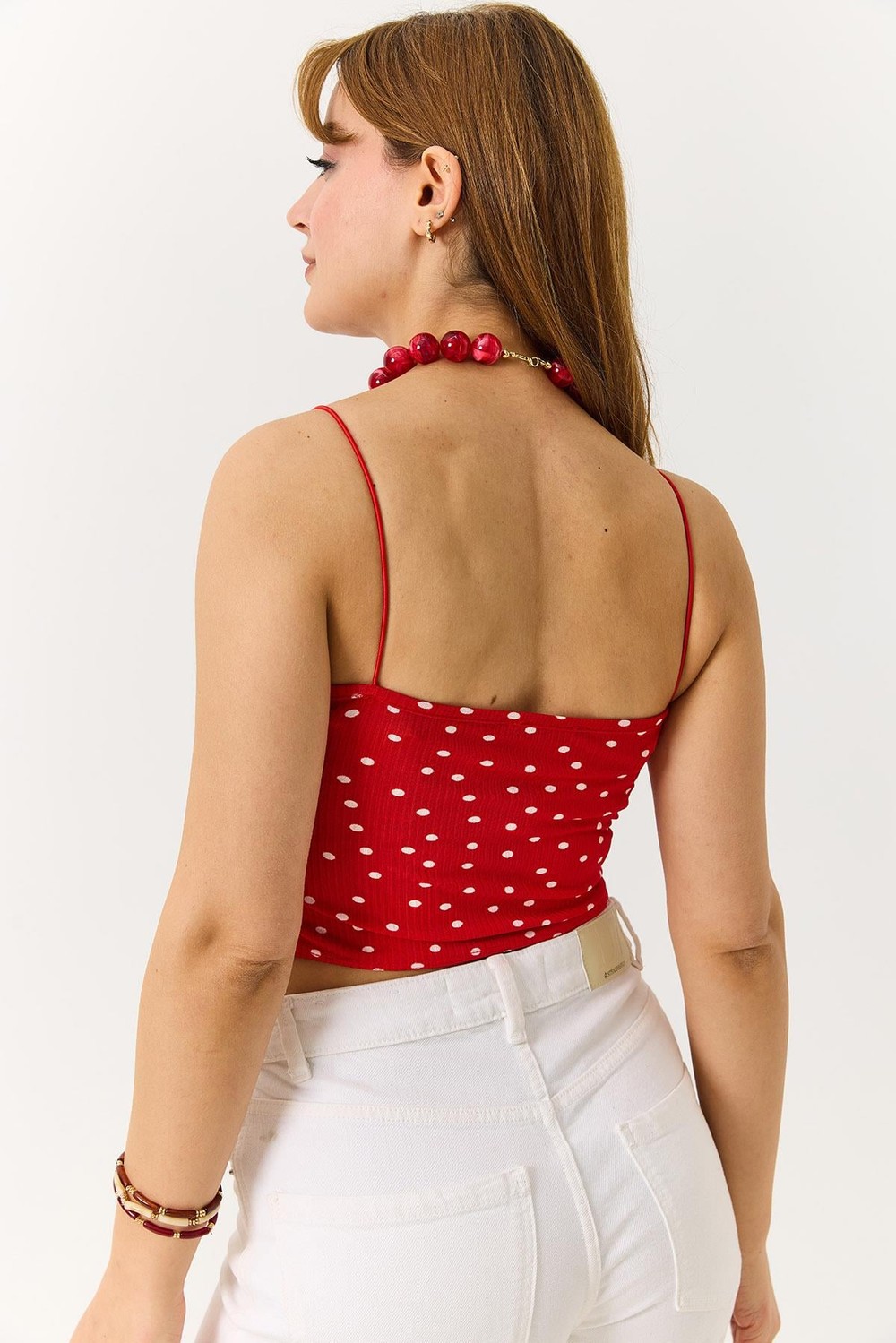 Kadın Askılı Puantiyeli Crop Bluz Kırmızı