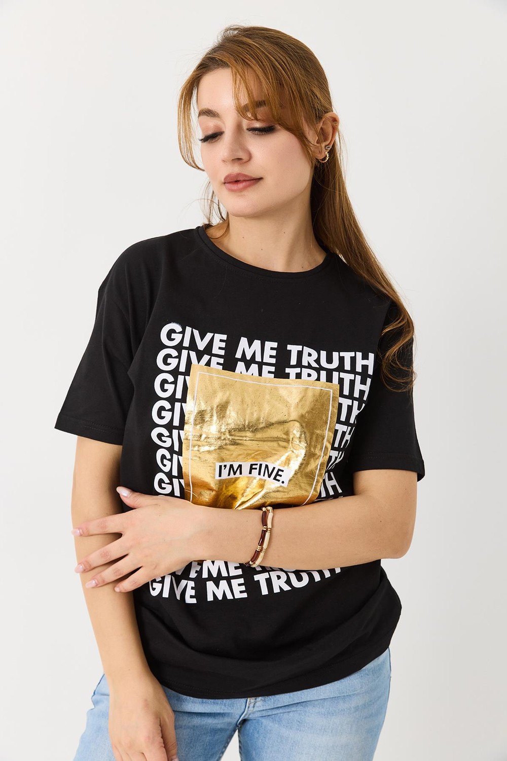 Kadın Dokulu I M Fıne Yazılı Bisiklet Yaka Tshirt Siyah