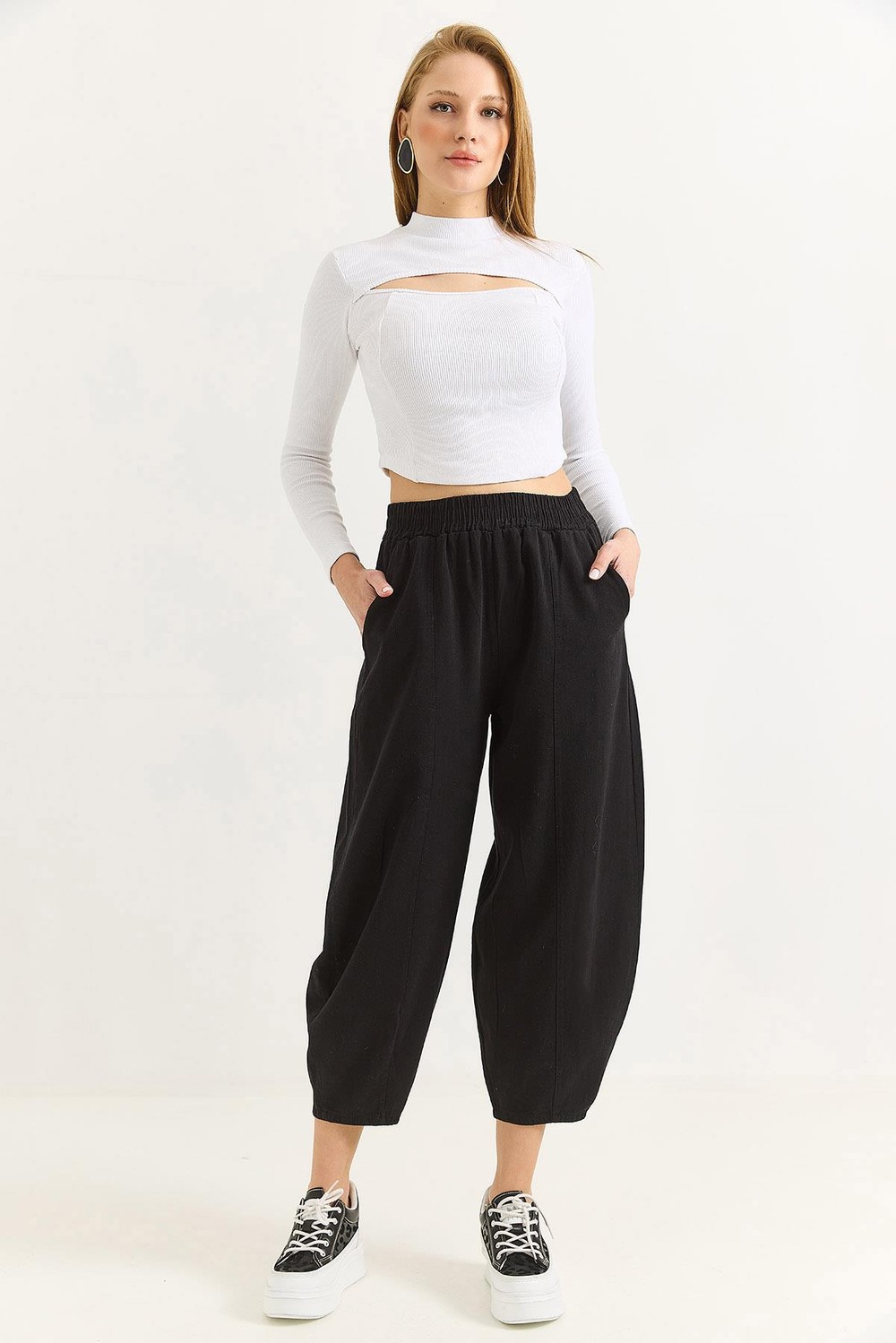 Kadın Beli Lastikli Gabardin Siyah Şalvar Pantolon
