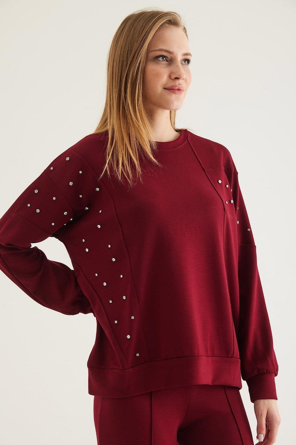 Taş Detaylı Modal Sweatshirt Bordo
