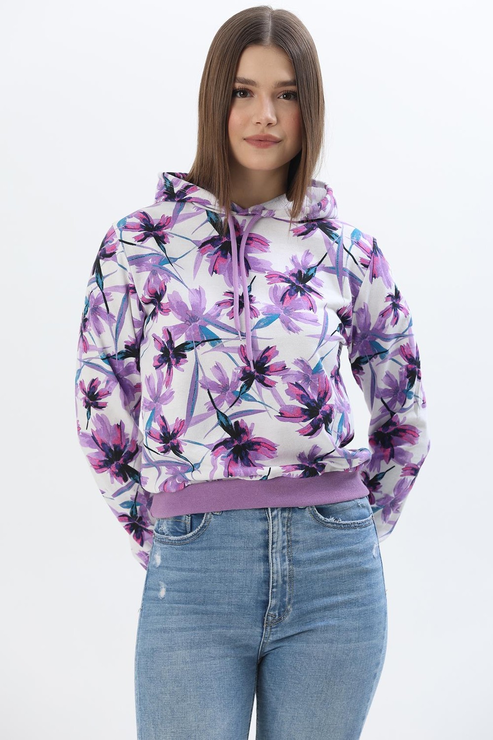 Kapüşonlu Çiçek Desenli İki İplik Sweatshirt Lila