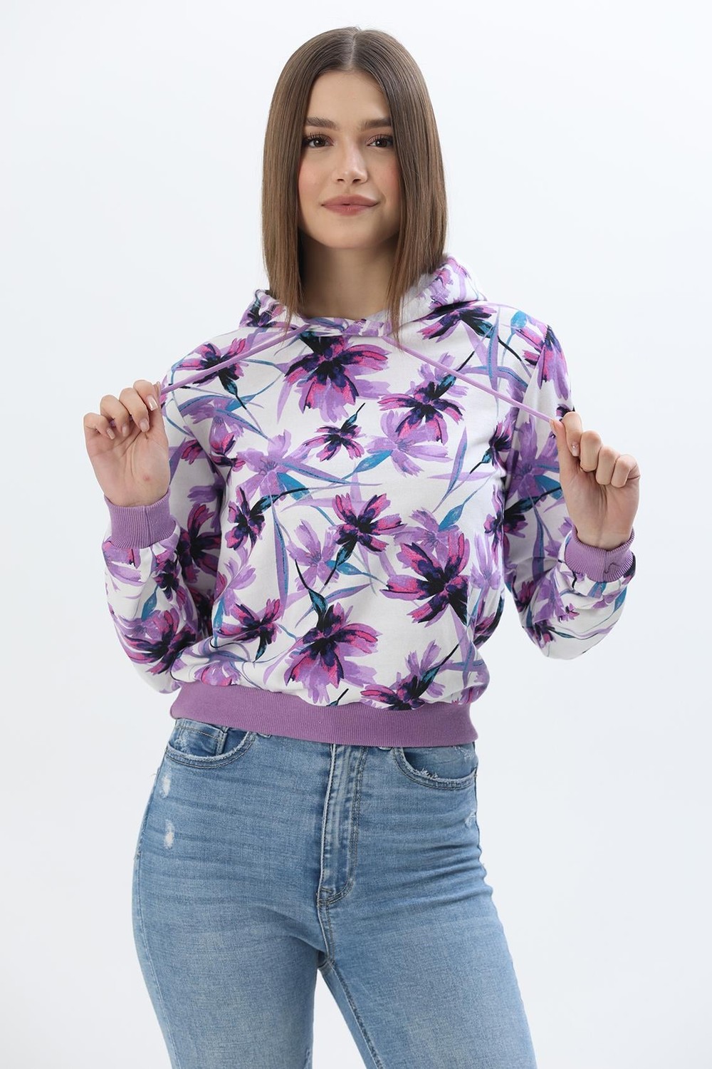 Kapüşonlu Çiçek Desenli İki İplik Sweatshirt Lila