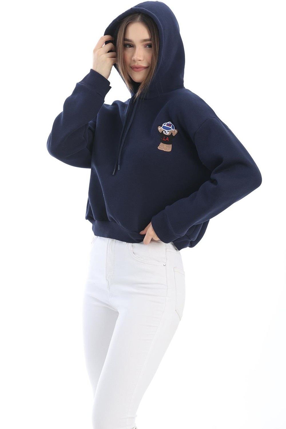 Nakışlı Kapüşonlu Oversize Sweatshirt Lacivert